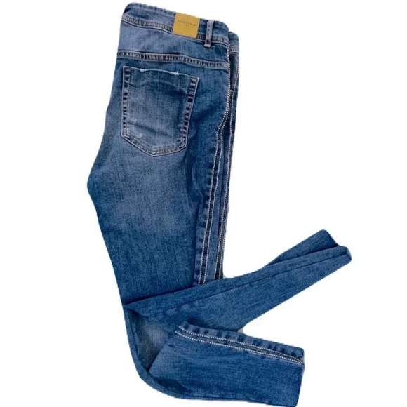 Zara Denim/ Cropped  blue skinny jeans/ Gemstone sides/ Distressed/ Size US 12 - Picture 1 of 9